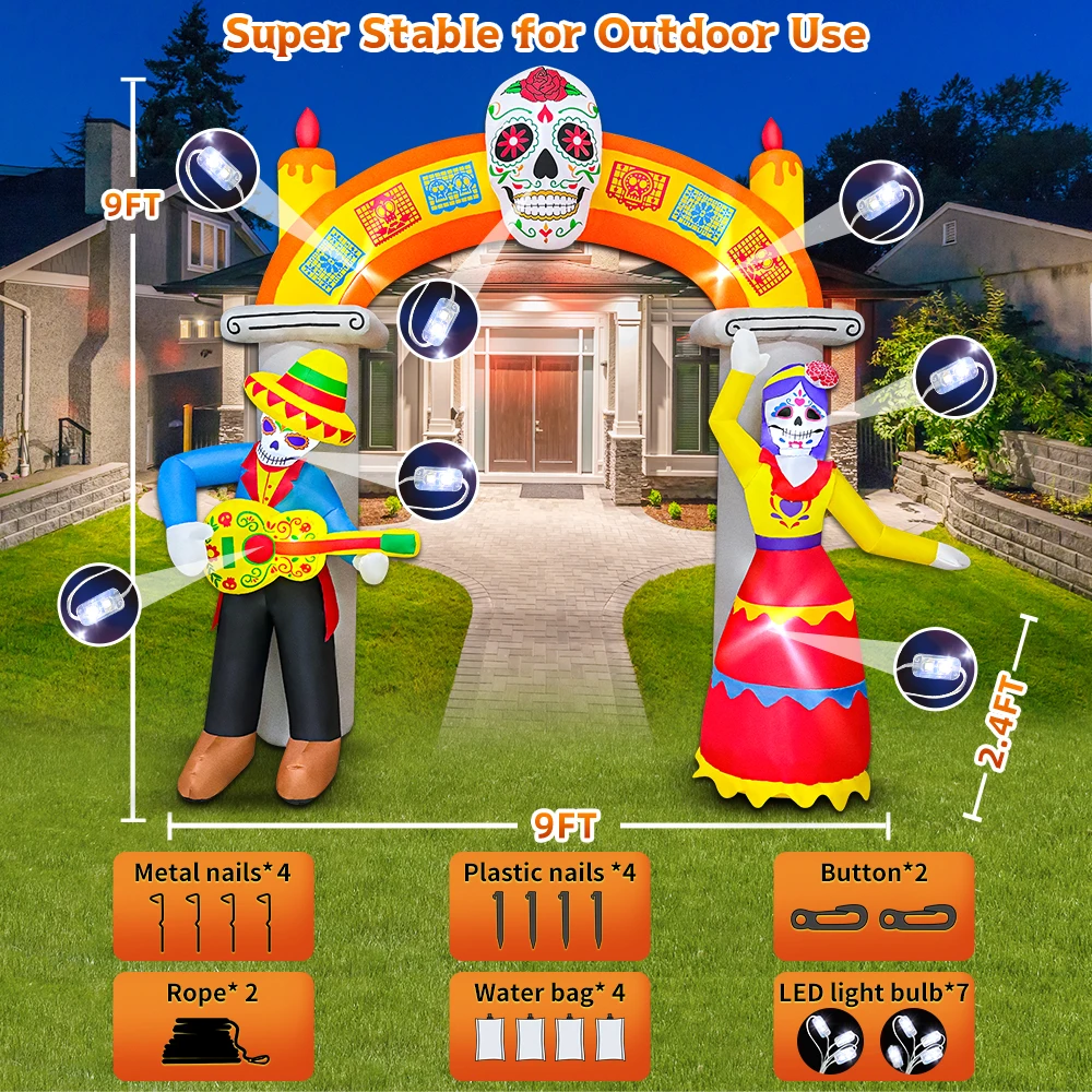 KOOY 9 Ft Day of The Dead Halloween Inflatables Archway Dia De Los Muertos Decorations Inflatable Arch with Skull Skeleton LED L