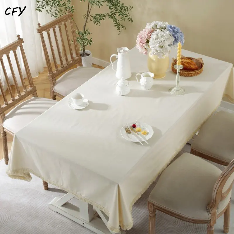 Cotton Linen Thickened Off White Tablecloth Waterproof Ruffle Tablecloth Dining Table Cover Party Restaurant Wedding Decor