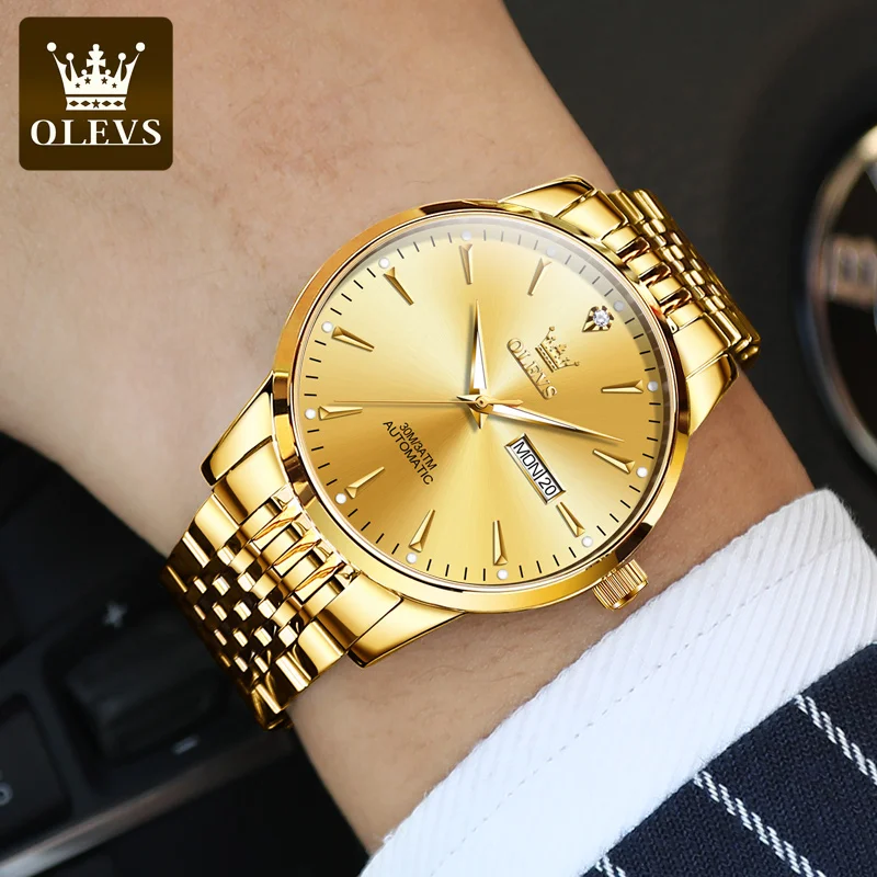 OLEVS Golden Automatic Mechanical Watch for Men Luxury Waterproof Luminous Calendar Stainless Steel Elegant Men\'s Watches 6635