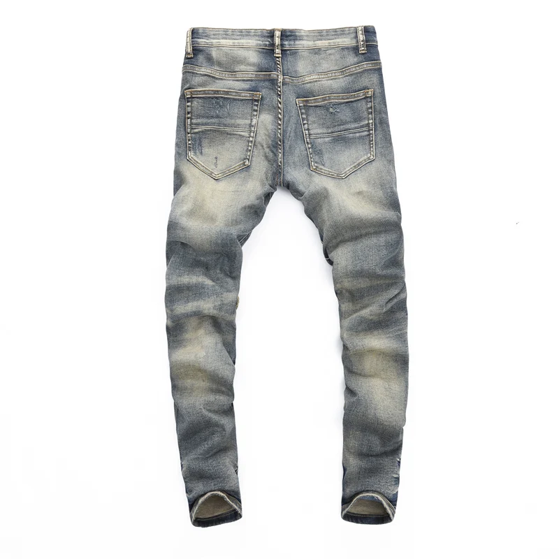 High Street Fashion Men Jeans Retro Washed Blue Stretch Skinny Fit Ripped Jeans Men Patched Designer Hip Hop Brand Pants Hombre