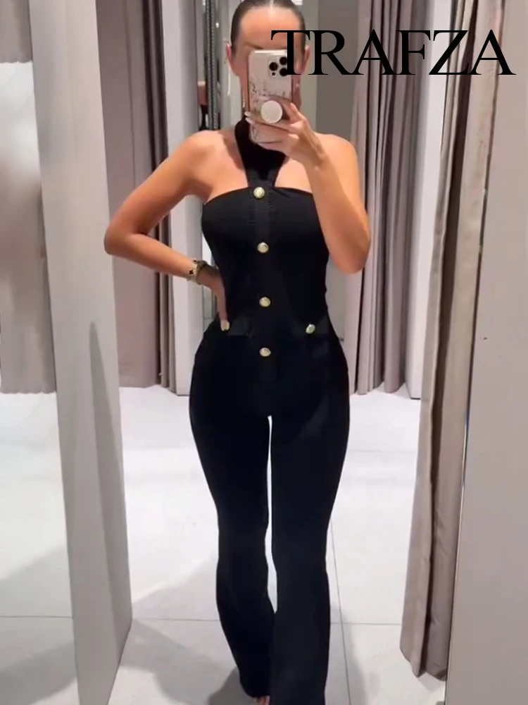 

TRAFZA Women 2-Piece Set Summer Elasticity Neck Halter Button Design Sleeveless Backless Sexy Top+Solid Elastic Waist Long Pant