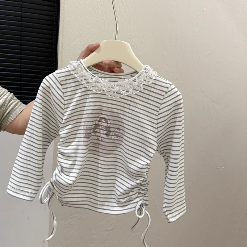 Girls' New Spring Autumn Outfit Lace Stripe Base Korean Long Sleeved Top Children's Fashion Clothing