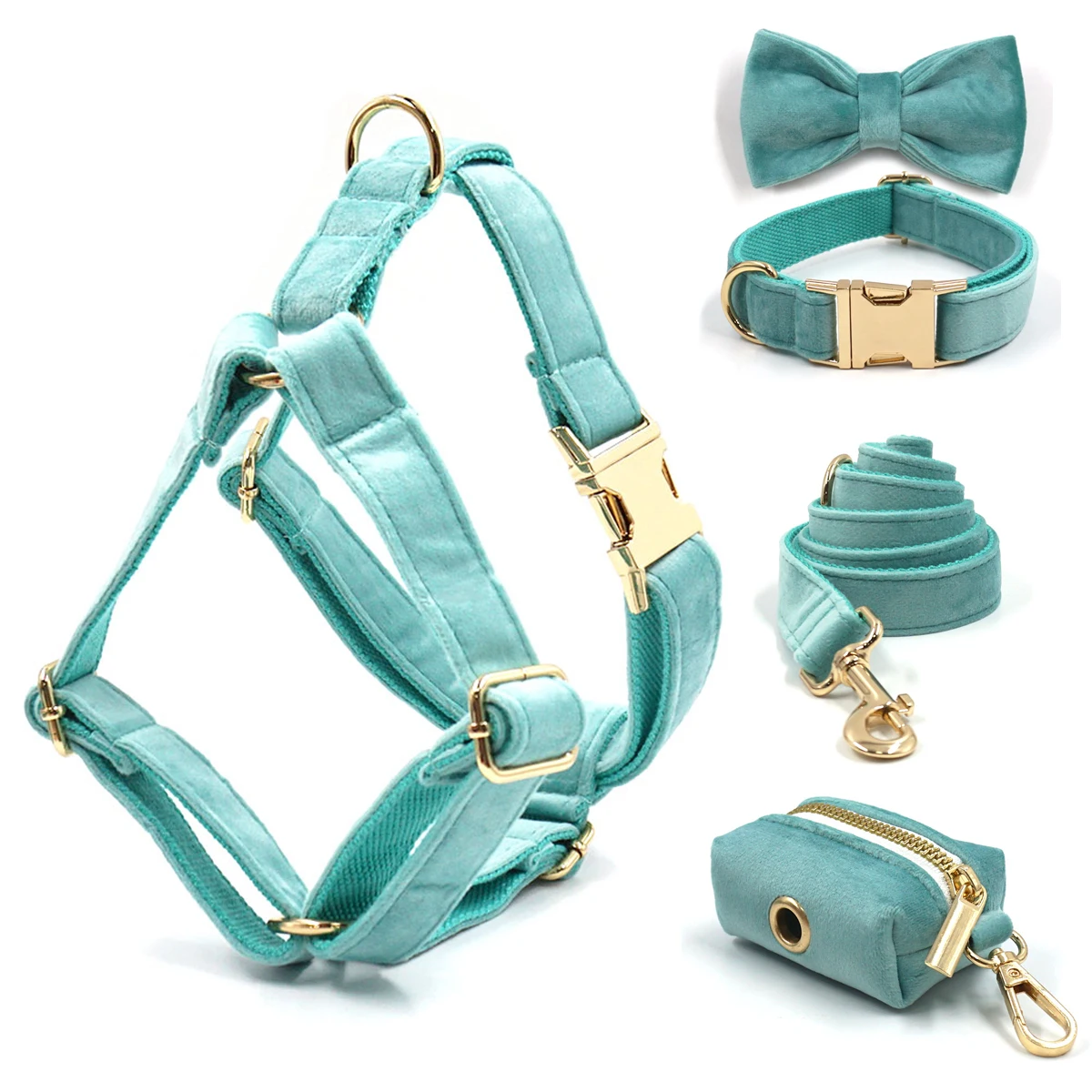 

Tiffany Blue Harness for Dog Luxury Designer Personalized Dog Collar Free Engraving Adjustable Soft Velvet Puppy Pet Harness Set