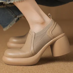 Women's sheepskin stretch knit patchwork slip-on pumps 7cm chunky heel platform female moccasins heeled loafers shoes for woman