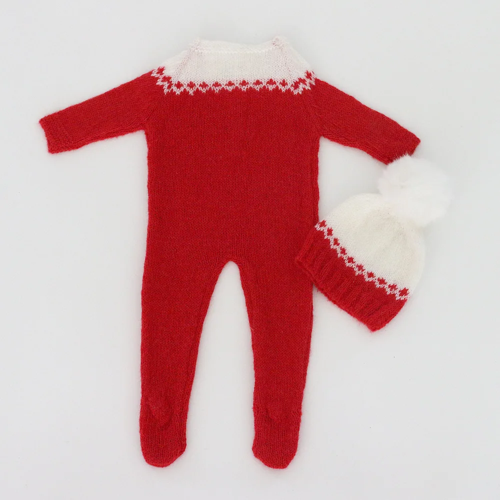 Baby Christmas Clothing Newborn Mohair Knitted Footed Rompers Jumpsuit Fluffy Fur Pompom Hat Boy Girl Red White Santa Xmas Wear