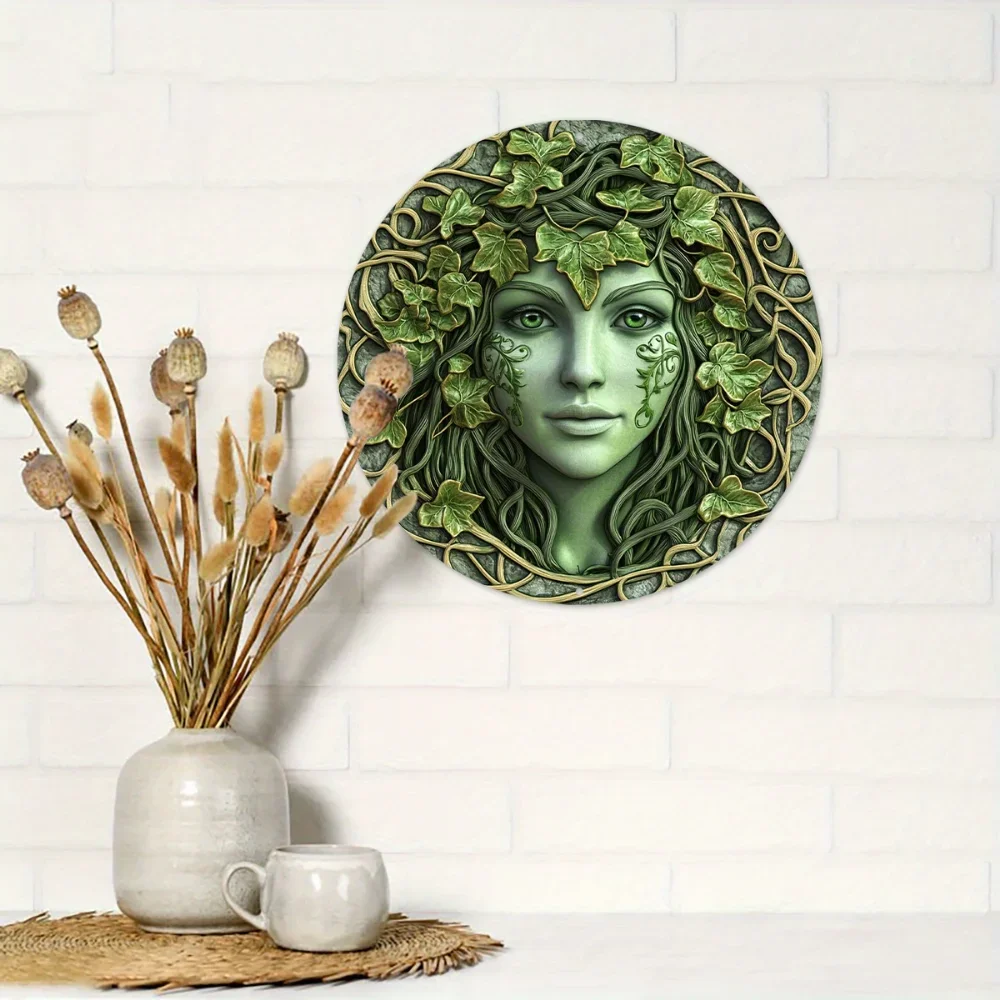 لافتة معدنية مستديرة من الألومنيوم ثنائية الأبعاد، ديكور على شكل وجه امرأة على شكل شجرة خضراء، لافتة إكليل دائرية مسطحة، مناسبة لعيد الهالوين #6