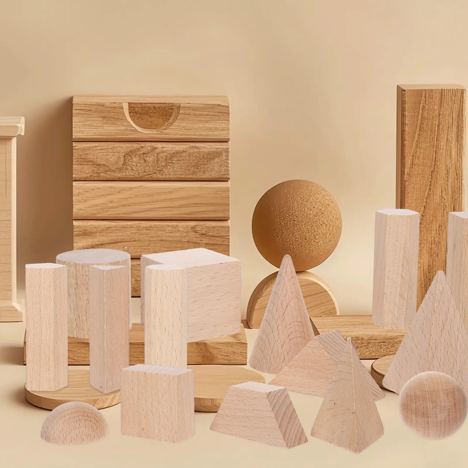 15 szt. Naturalne drewniane klocki, geometryczne kształty, khaki, do nauki w przedszkolu, układania w stosy, sortowania, rozwijania motoryki małej dla maluchów.