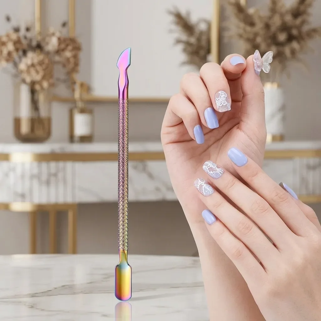 Rainbow Titanium Double-ended Nail Cuticle Pusher, Non-slip Textured Manicure Tool for Pushing Back Cuticles and Removing Nail Gel Residue