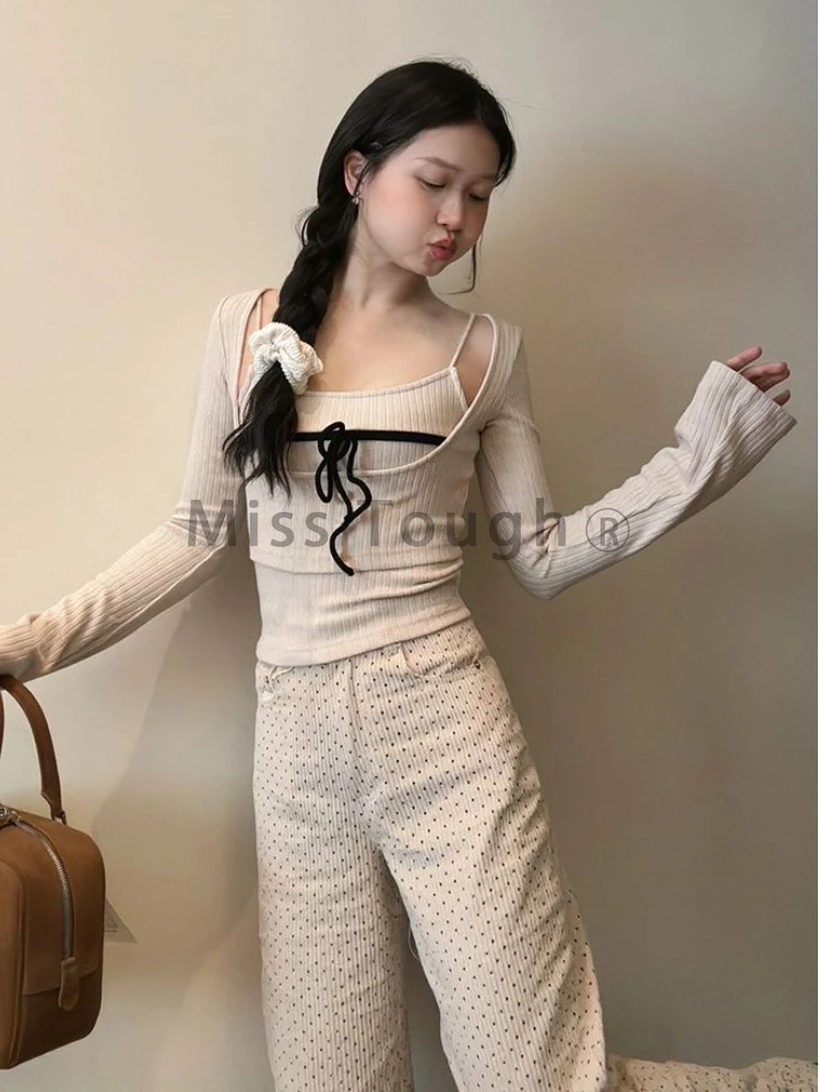 Elegant Knitted Two Piece Sets Sweater Top Women Harajuku Sweet Vintage Office Slim Pullovers Bow Korean Fashion Casual Tops New