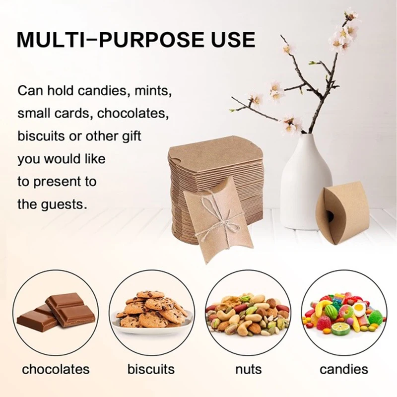 50Pcs Pillow Box Foldable Kraft Paper DIY Candy Gift Packaging Bag Christmas Wedding Birthday Party Decoration