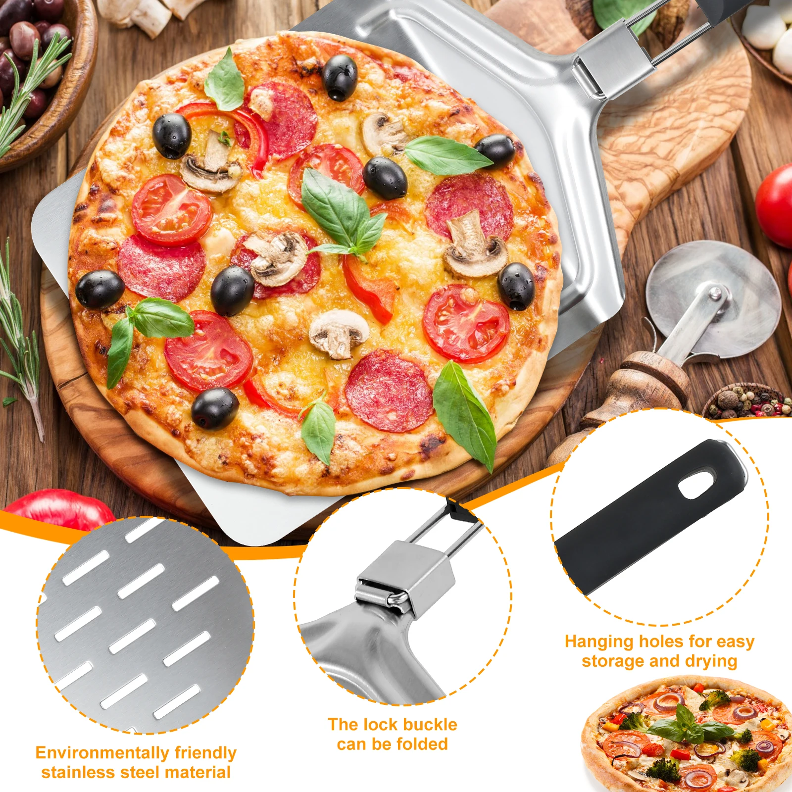 Stainless Steel Perforated Pizza Peel Non-stick Pizza Turning Peel Foldable Pizza Peel Paddle Kitchen Pizza Spatula with Handle