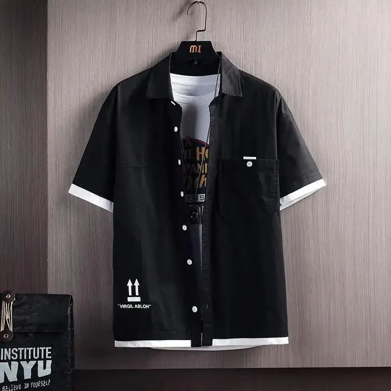 Street Casual Short Sleeve Shirt Tops Me's New Summer Polo Neck Thin Patchwork Plus Size Trend Blouse Casual Fashion Men Clothes