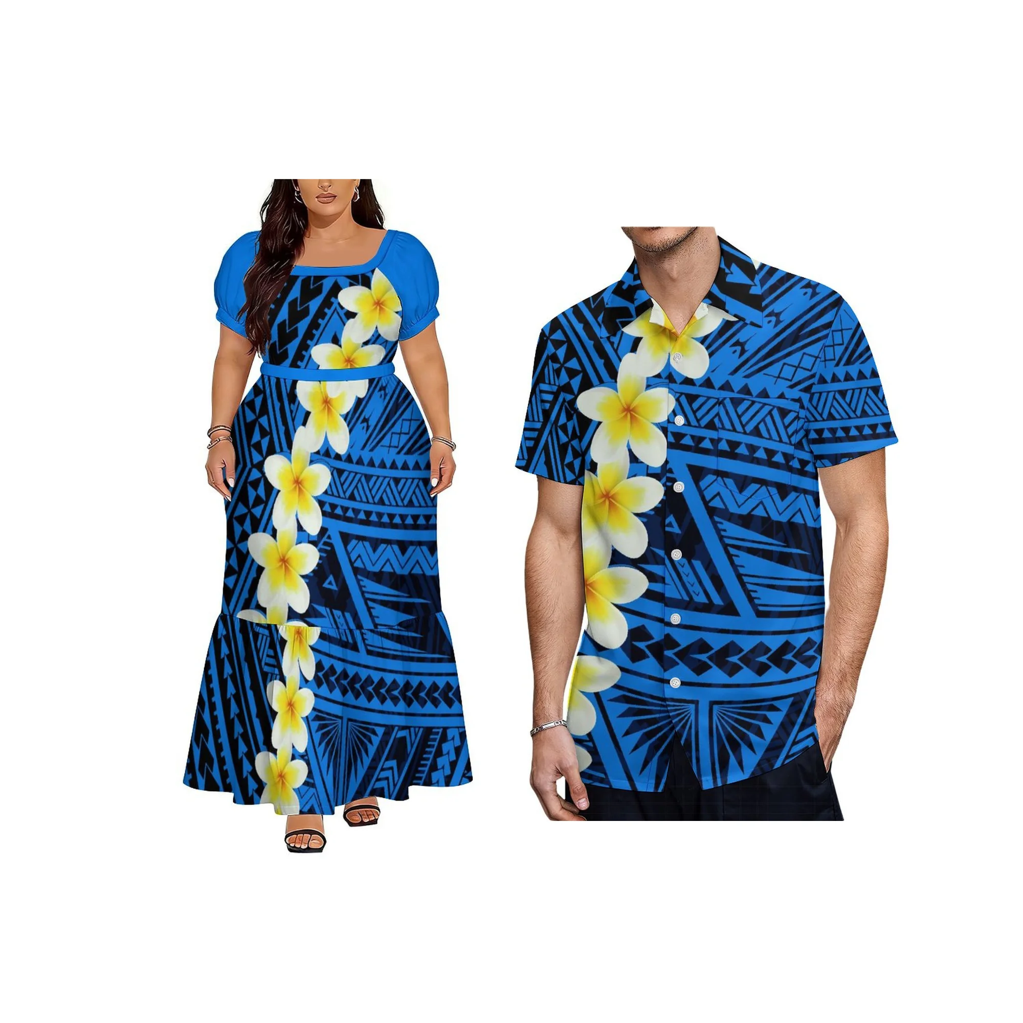 Wholesale Custom Polynesian Design Square Neck Puff Sleeve Dress Samoan Island  Ruffle Belted Dress