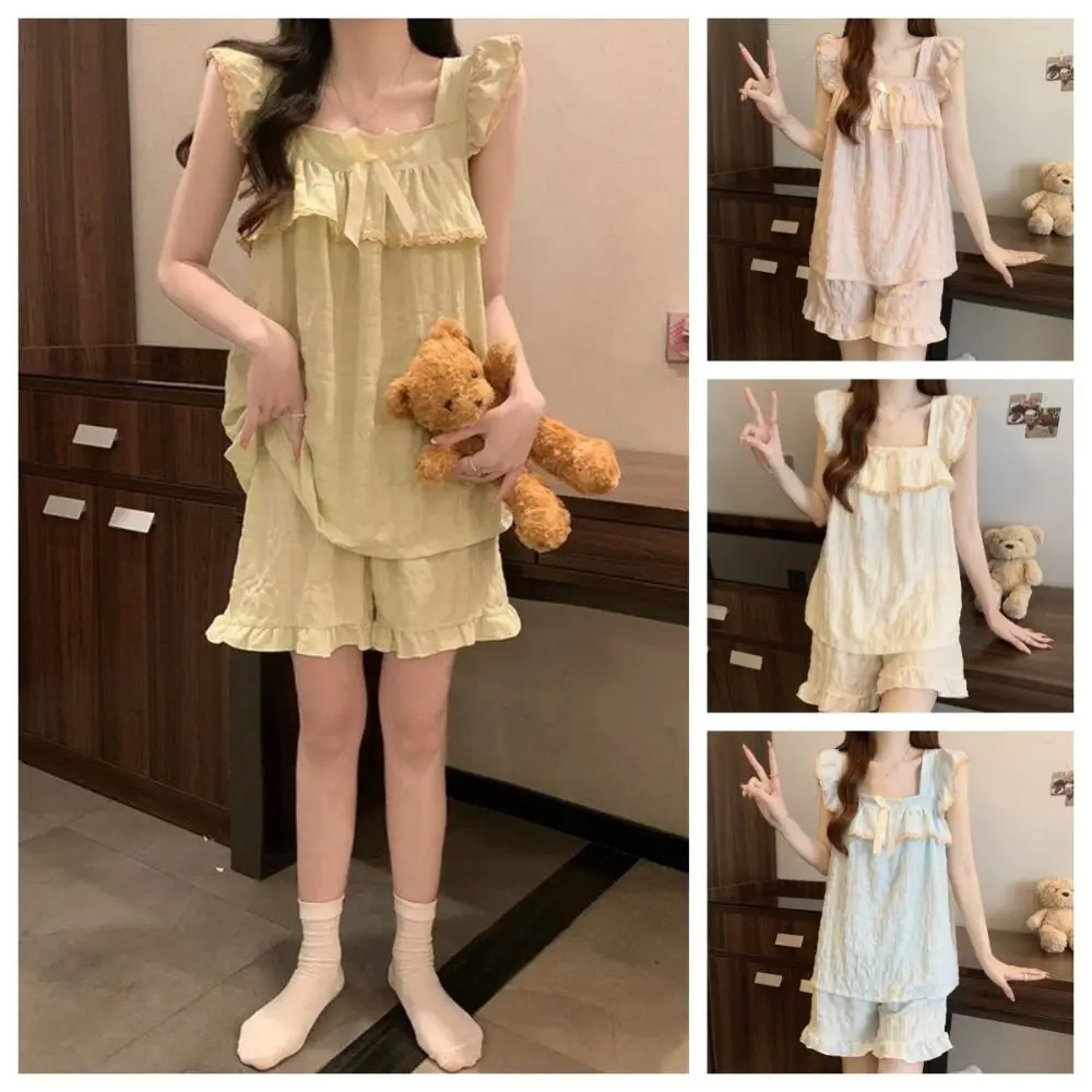 

Модный милый пижамный комплект с бантом, свободные шорты-бретельки с рюшами, ночная рубашка, домашняя одежда с подкладкой для бюстгальтера, летняя ночная рубашка без рукавов