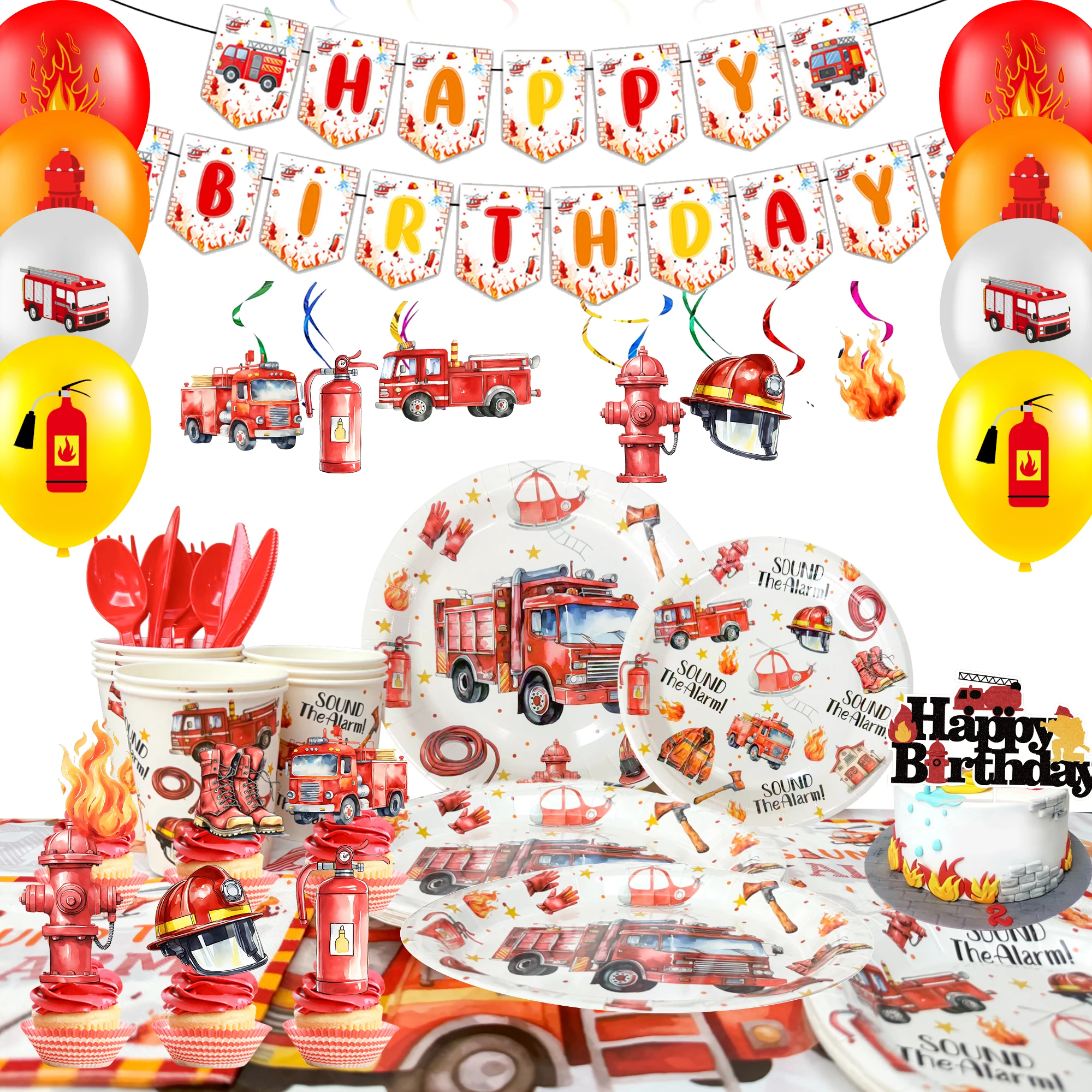 Fournitures d'anniversaire pour camion de pompier, 103 pièces, décorations de fête avec alarme incendie, ballons, assiettes, serviettes, etc., fournitures de fête d'anniversaire pour camion de pompier