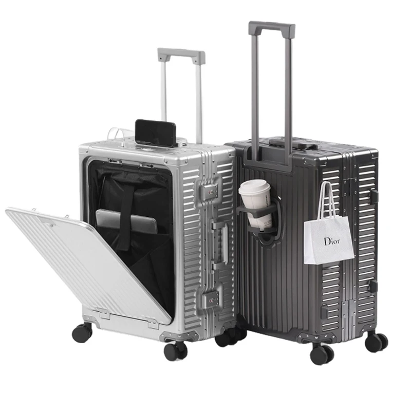 

20 Inch 100% Aluminum Alloy Travel Suitcase Front Open TSA Lock Trolley Case Multifunctional Carry on luggage With Cup Holder