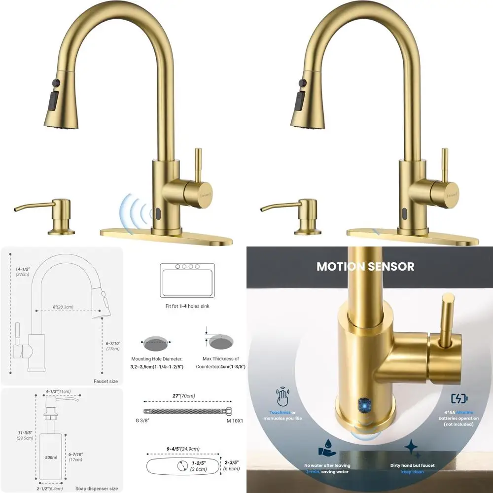 

Выдвижной кухонный смеситель с распылителем без рук и матовой золотой отделкой, одна ручка, дозатор мыла, нержавеющая сталь, подходит для