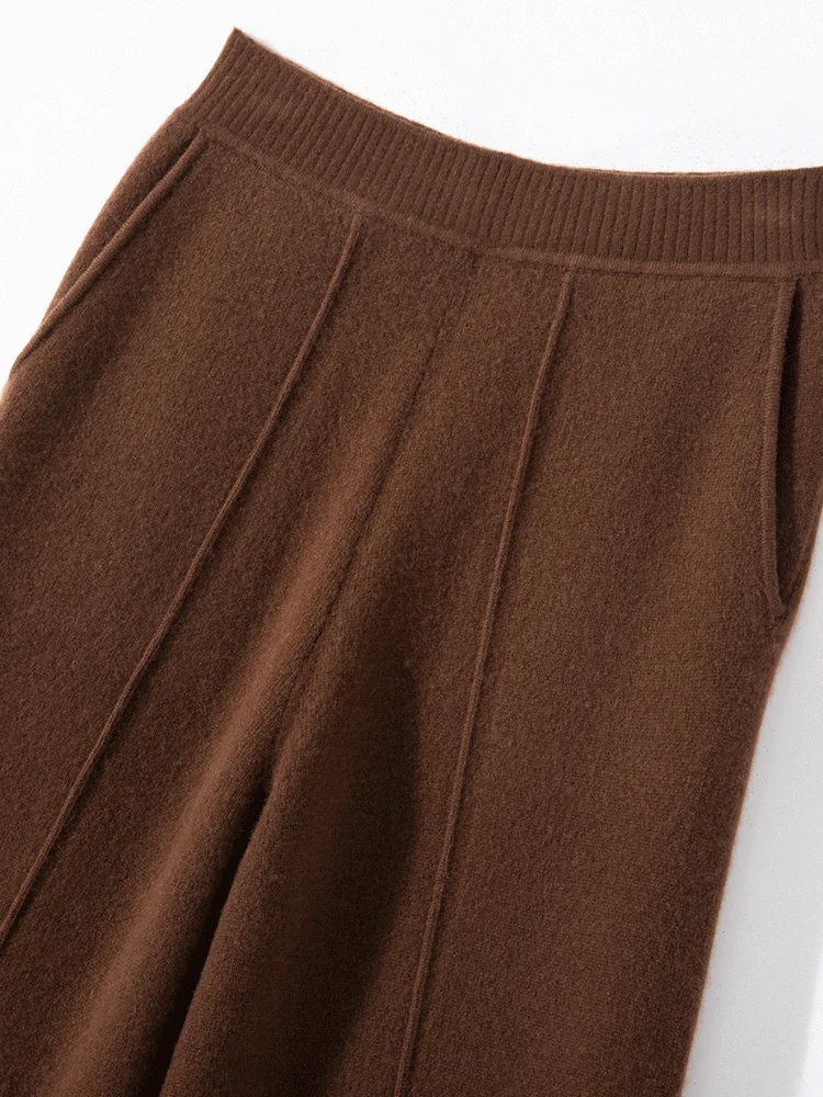 Women Cashmere Pants Mid Seam Decoration Wide Leg Pants Autumn Winter Thick Elastic Waist 100% Cashmere Knitted Pockets Trousers