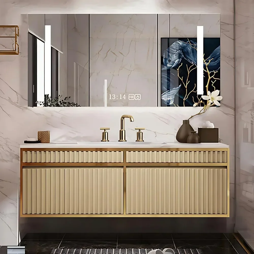 

Solid Wood Bathroom Dresser Set - Floating Bathroom Dresser with Sink, Smart LED Anti-Fog Mirror Cabinet, Large Capacity Cabinet