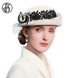 FS Winter Beret Fascinator White Bowler Hat For Women With Veil Wedding Ceremony Wool Felt Fedoras 2025 Elegant Church Party Cap