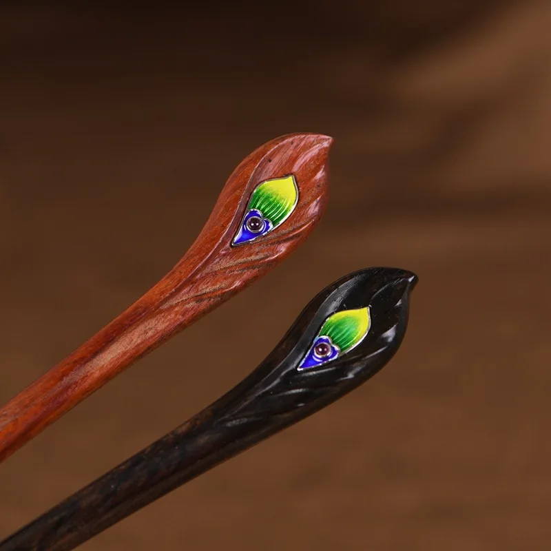 

Enamel Yellow Green Blue Peacock Feather Hair Sticks Women 925 Silver Sandalwood Hair Forks China Chic Han Clothes Hair Jewelry