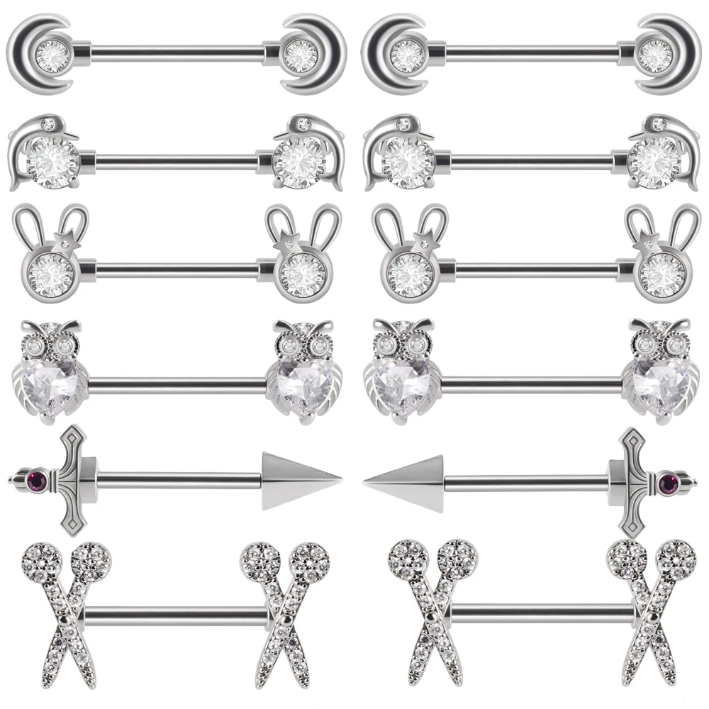 6Pairs/Lot 361L Surgical Steel Nipple Barbell Ring Moon Nipple Ring Scissors Nipple Shield 14G Tongue Piercing Body Jewelry