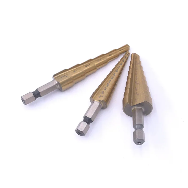 

Step Drill Bit Set HSS Hole Cutter Hex Shank Straight Groove Titanium Coated Pagoda For Electric