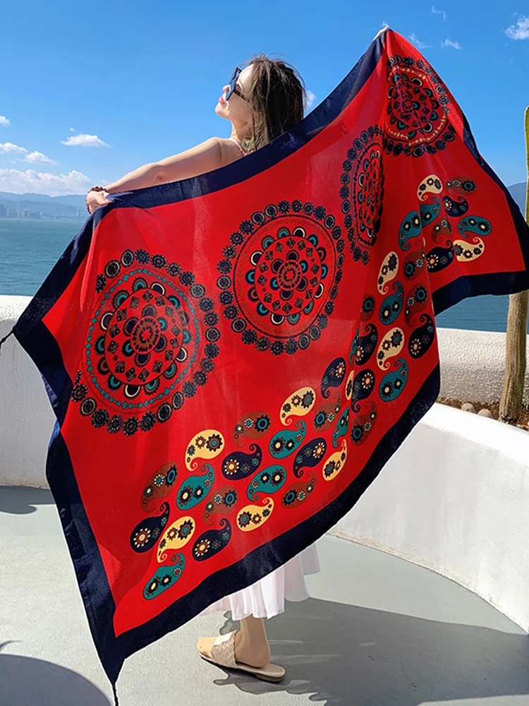 New Summer Elegant Women Silk Scarf Beach Wrap Shawl Vintage Red Print Lady Sunscreen Bandana Long Hijab Mujer Boho Scarve Pareo