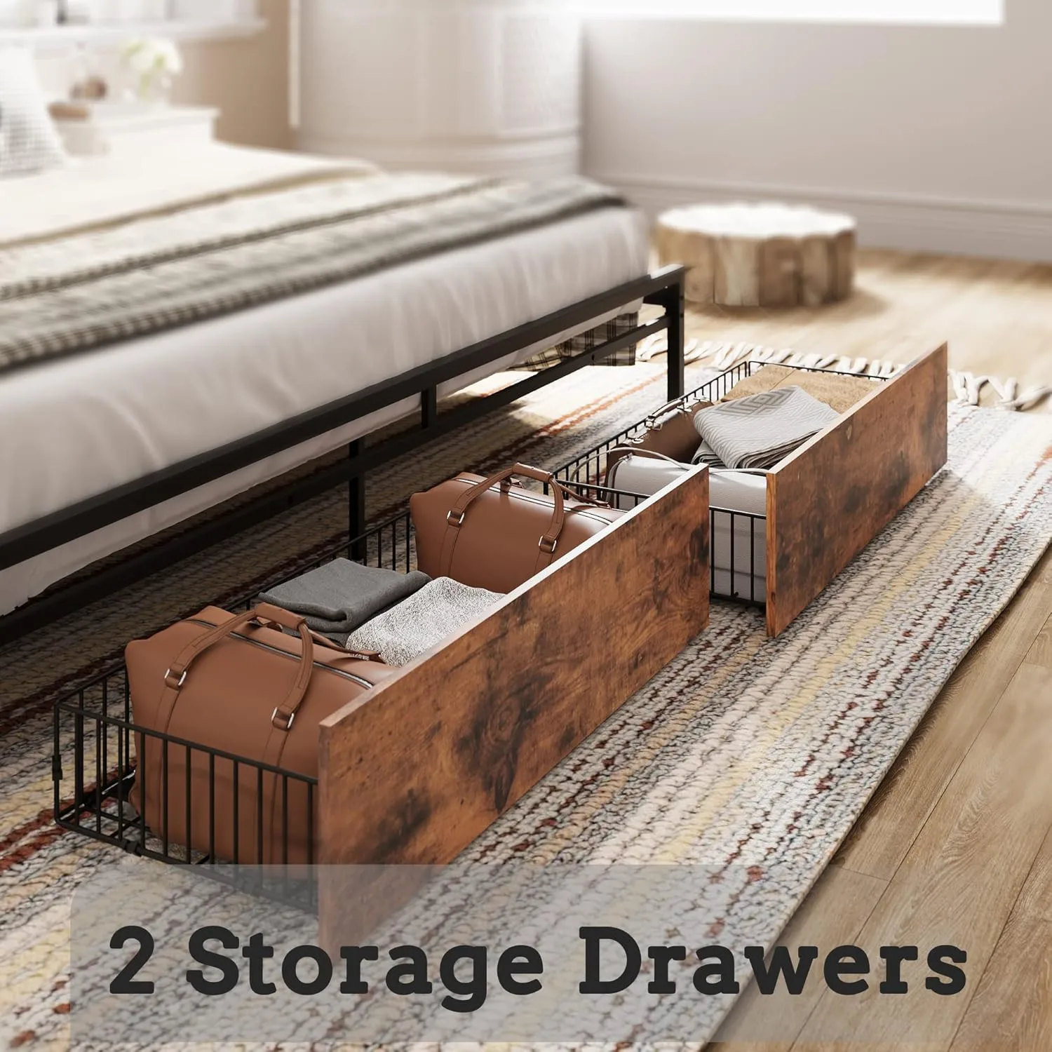 King Bed Frame, Storage Headboard w/ Charging, Drawers, Industrial Brown & Gray