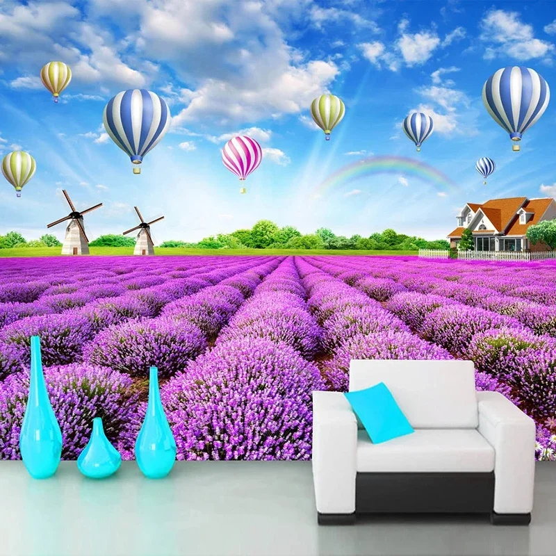 Custom 3D Photo Wallpaper For Bedroom Lavender Rainbow Hot Air Balloon Blue Sky White Clouds Pastoral Mural Living Room Decor