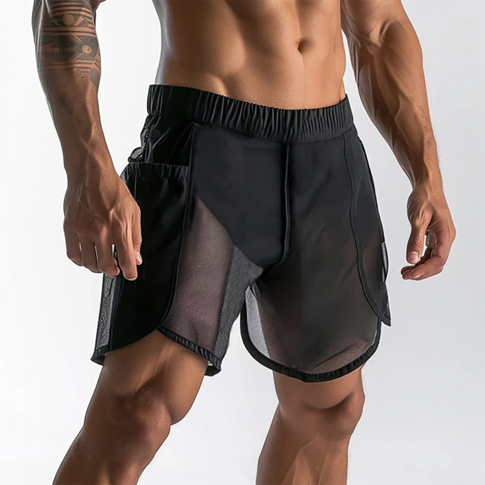 Men\'s Gym Shorts Sexy See-Through Mesh  Home Wear Shorts For Men With Lining Lounges Male Knee Length Pants Fashion Sweatpants