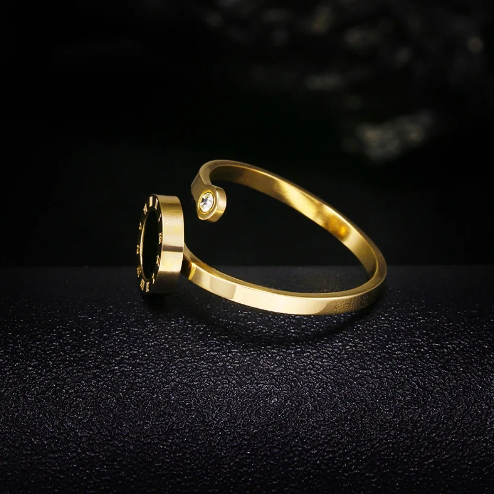 Fashion Roman Numeral Zircon Tail Ring Stainless Steel Black Shell Open Ring Adjustable Opening Aesthetic Wide Edge Rings