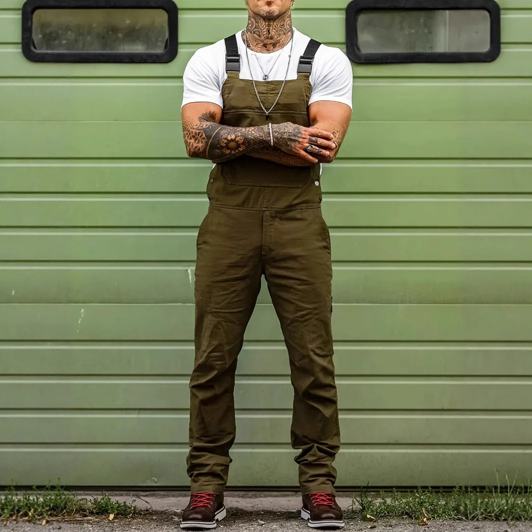 

2025 men's new European and American tooling jumpsuit trousers, slim-fit solid-color overalls