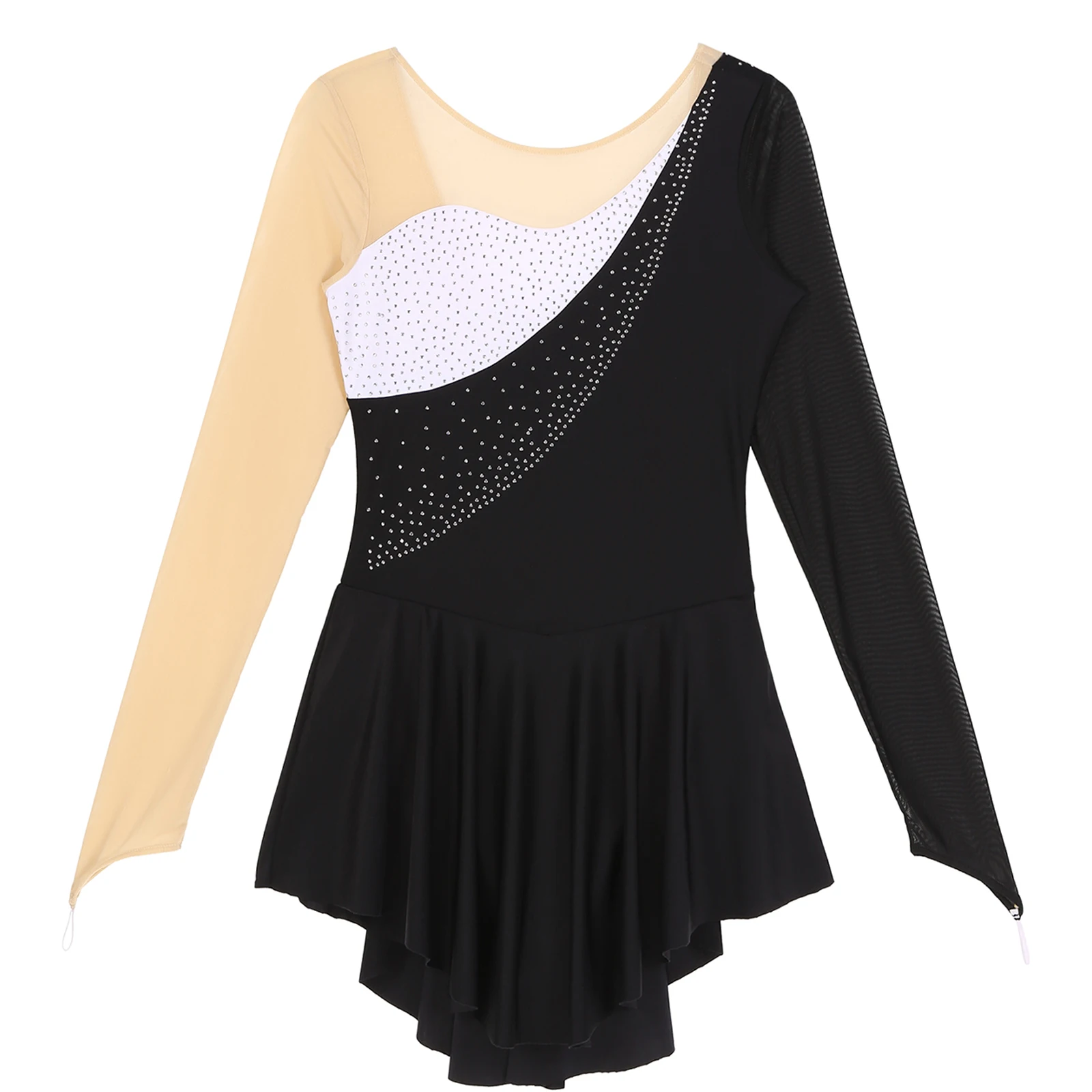 Women Figure Ice Skating Dress Shiny Rhinestones Mesh Long Sleeves Ballet Lyrical Dance Gymnastic Leotard Ballroom Dancewear