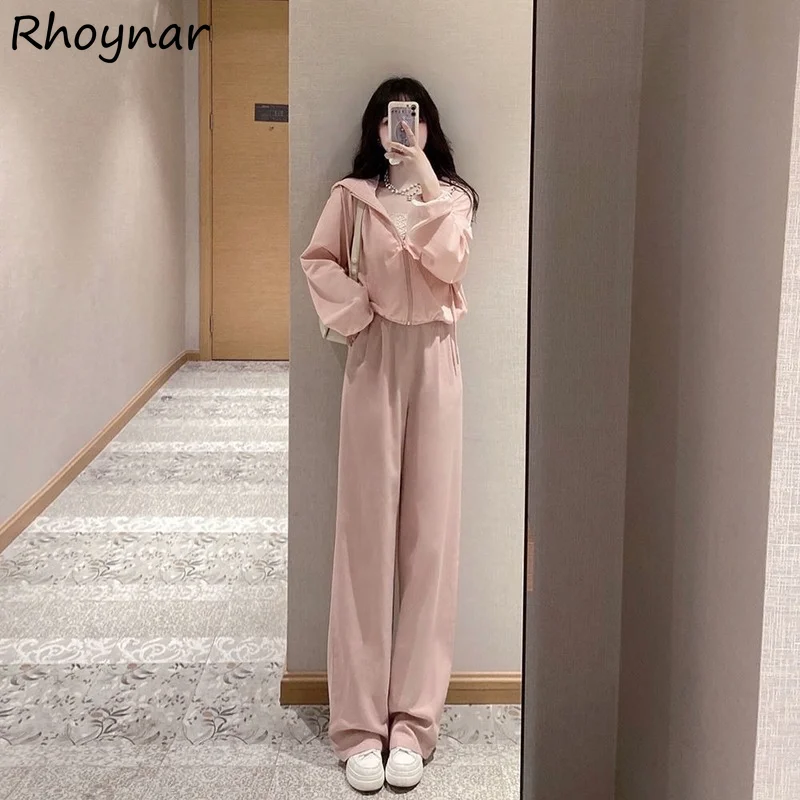 

Pant Sets Women Sweet Pure Pink All-match Zipper-fly Hooded Hoodies High Waist Trousers Stylish Tender Streetwear Ulzzang New