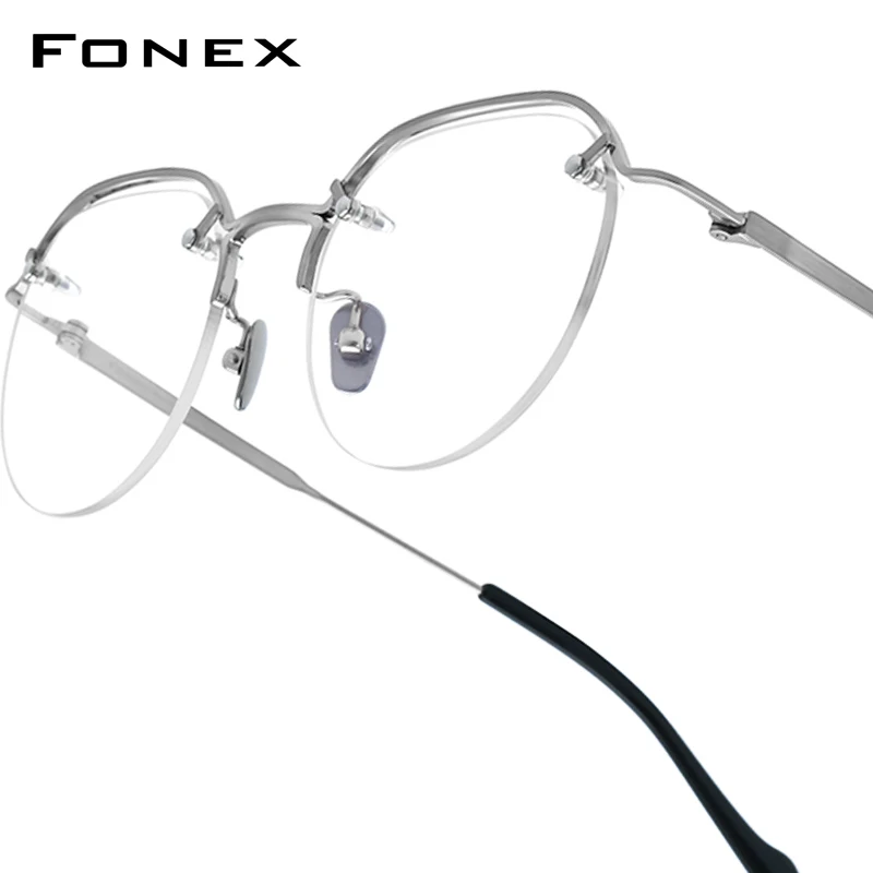 

FONEX Titanium Glasses Frame Women Brand Design Vintage Retro Round Eyeglasses Men Semi-Rimless Half-Rim Japanese Eyewear 0041