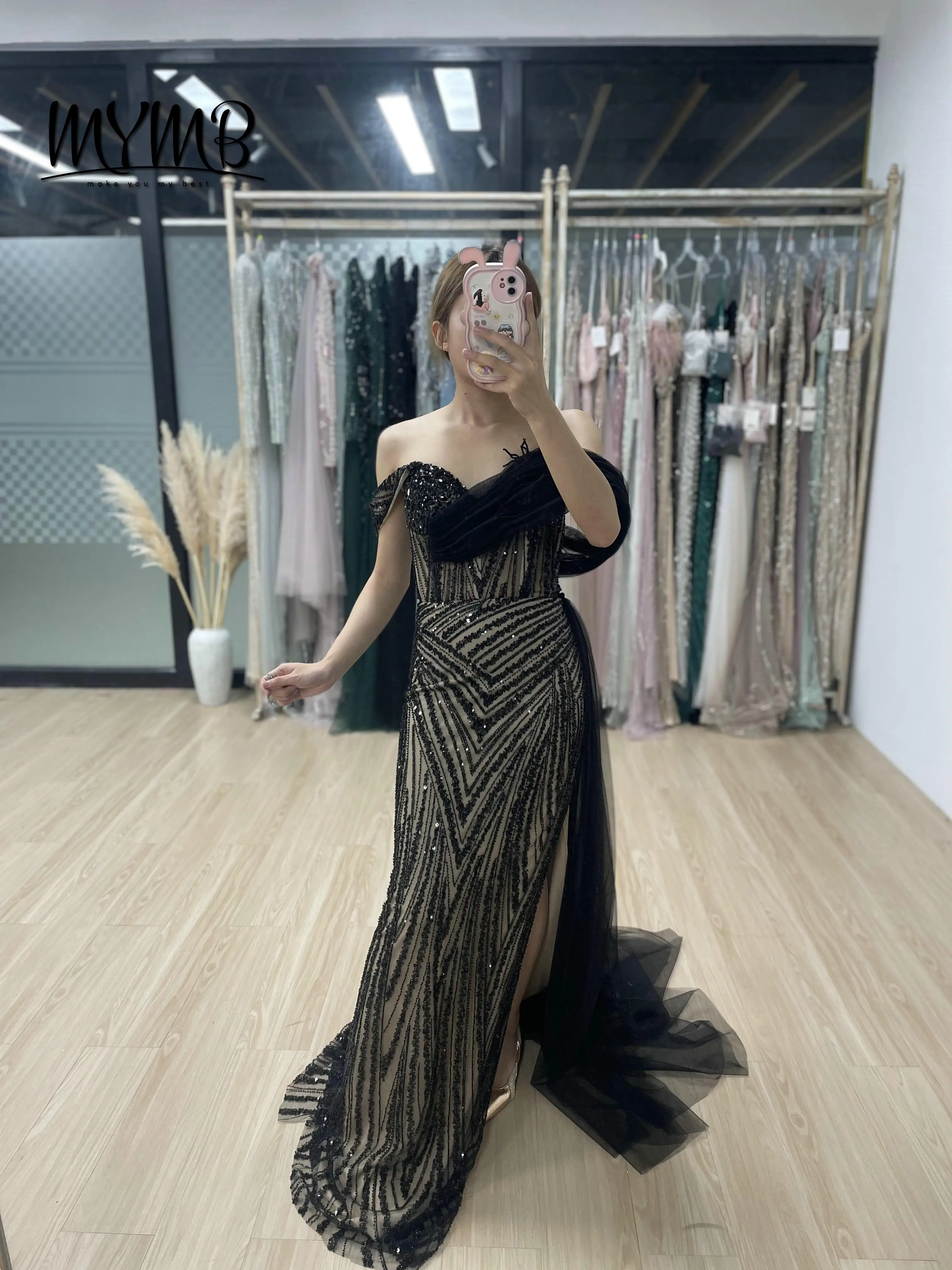 MYMB فاخر الأزرق حورية البحر عالية الشق قبالة الكتف ثوب مسائي فساتين مطرز مطرزة مأدبة رسمية ثوب MY30093