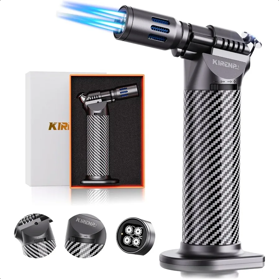 Encendedor cuádruple con llama ajustable y bloqueo de llama continua, antorcha de butano para cocina, recargable, resistente al viento, T