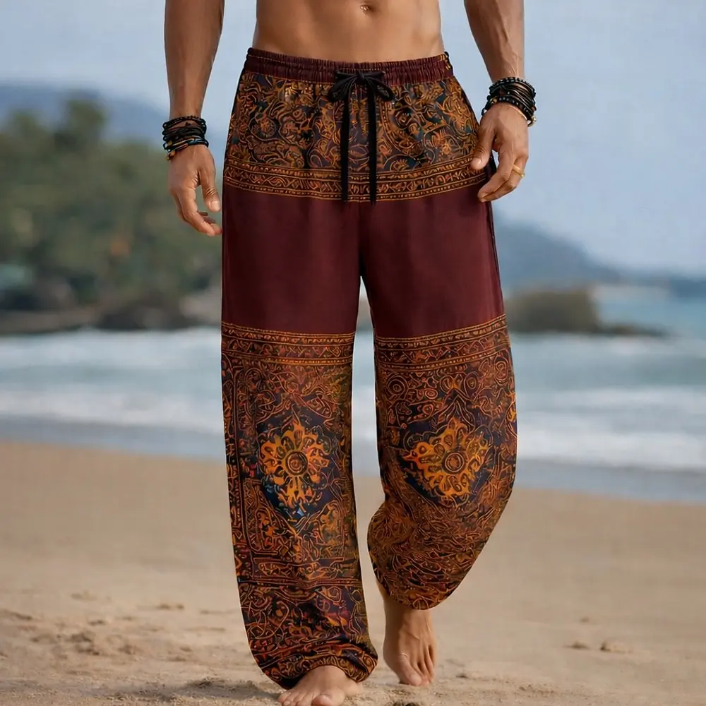 Men's 3D Paisley Floral Ethnic Casual Pants, Baggy Mid Waist Bohemian Vintage, Elastic Drawstring Waist, Spring Summer