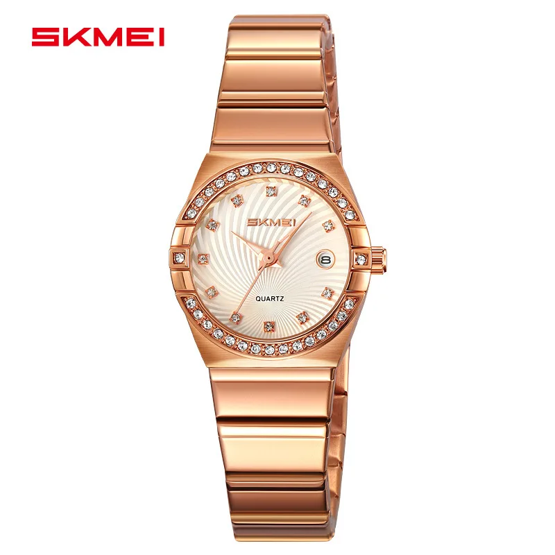 ساعة SkmeiFashion الكلاسيكية النسائية كوارتز بسيطة مرصعة بالألماس للنساء من الفولاذ المقاوم للصدأ مع ساعة يد بتقويم