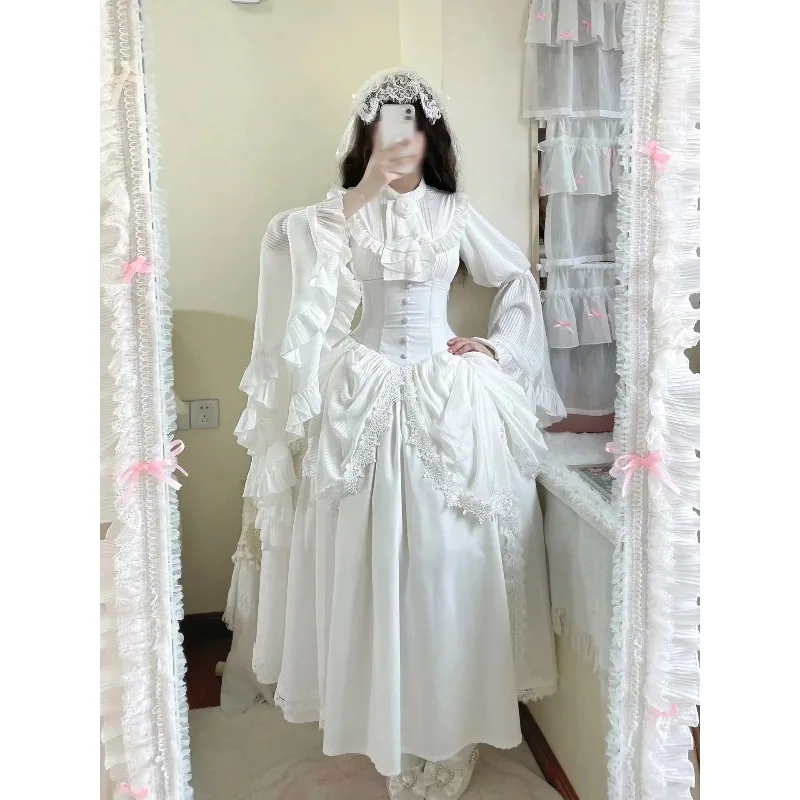 

Halloween Gothic Lolita Lace Shirt SK Fishbone High Waist Skirt Suit for Women Dark Goth Set Carnival Party Cosplay Costume