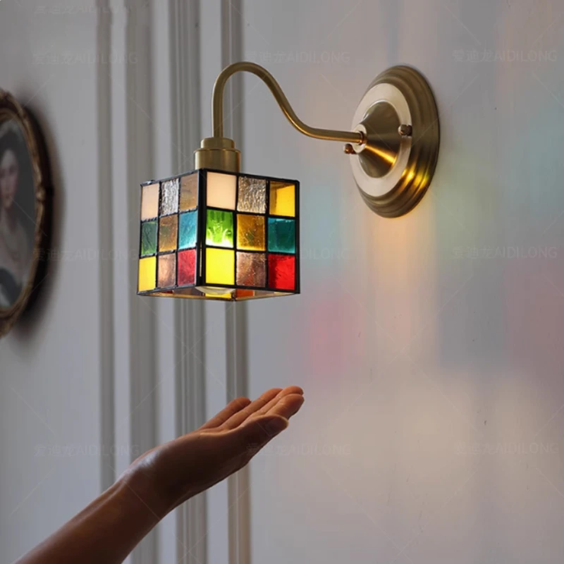 Retro Brass Colored Bedroom Wall Light Tulip Glass Bedside Staircase Wall Lamp Colorful Little Rubik's Cube Led Lighting Fixture