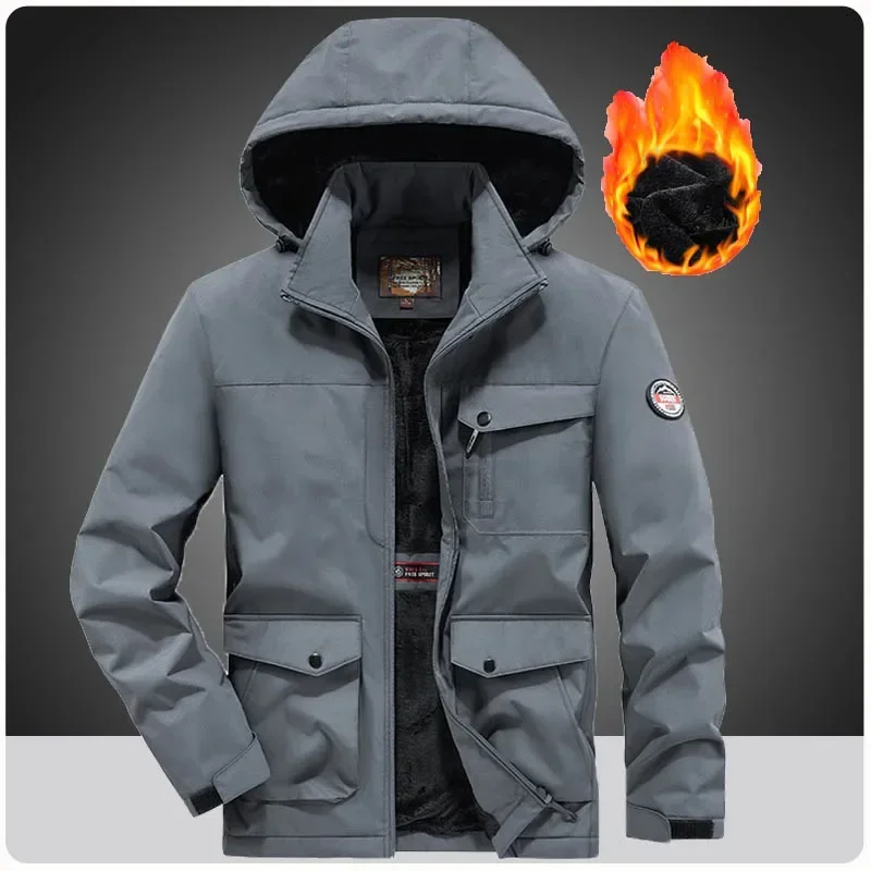 Winter Jacket Outwear Hiking Jacket Hat Detachable Windbreaker Fleece Lined Warm Military Hooded Jacket Waterproof Mens Coats