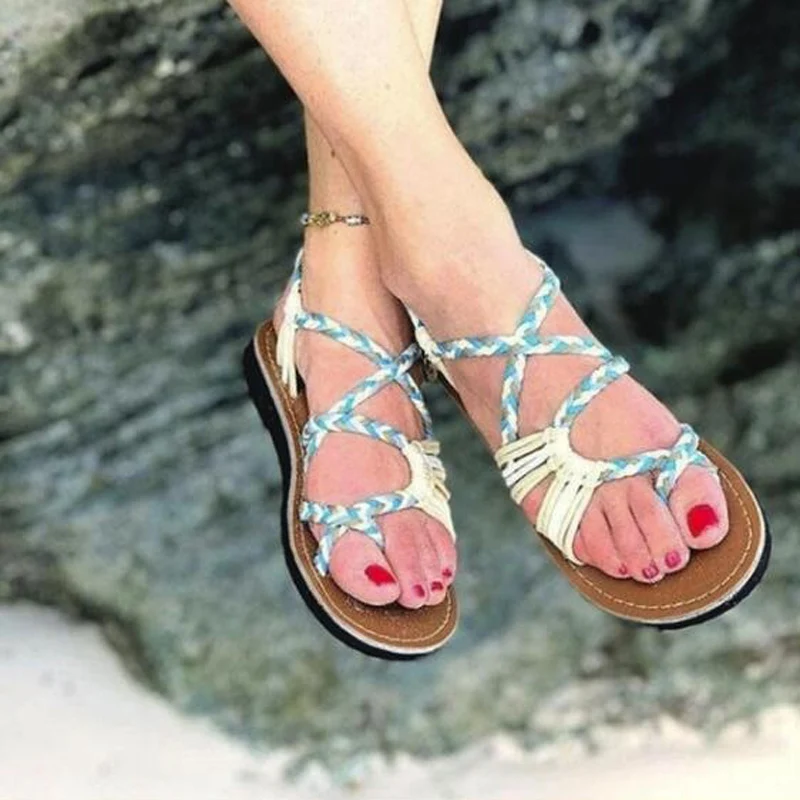 2021 Roman Summer Sandals Shoes Woman Color Matching Rope Knot Beach Toe Sandals Fashion Comfortable Women Plus Size Shoes