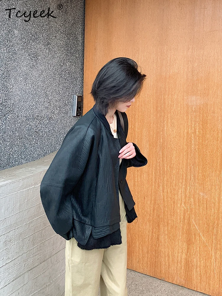 Tcyeek véritable peau De mouton printemps automne à la mode col montant noir femmes veste en cuir véritable Jaqueta De Couro légítimo Feminina