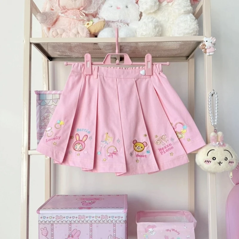 Sweet Kawaii Harajuku High Waist Pleated Mini Skirt Women Embroidery Cartoon Bow Print Pink Slim Fit Casual Daily Outfit 2026