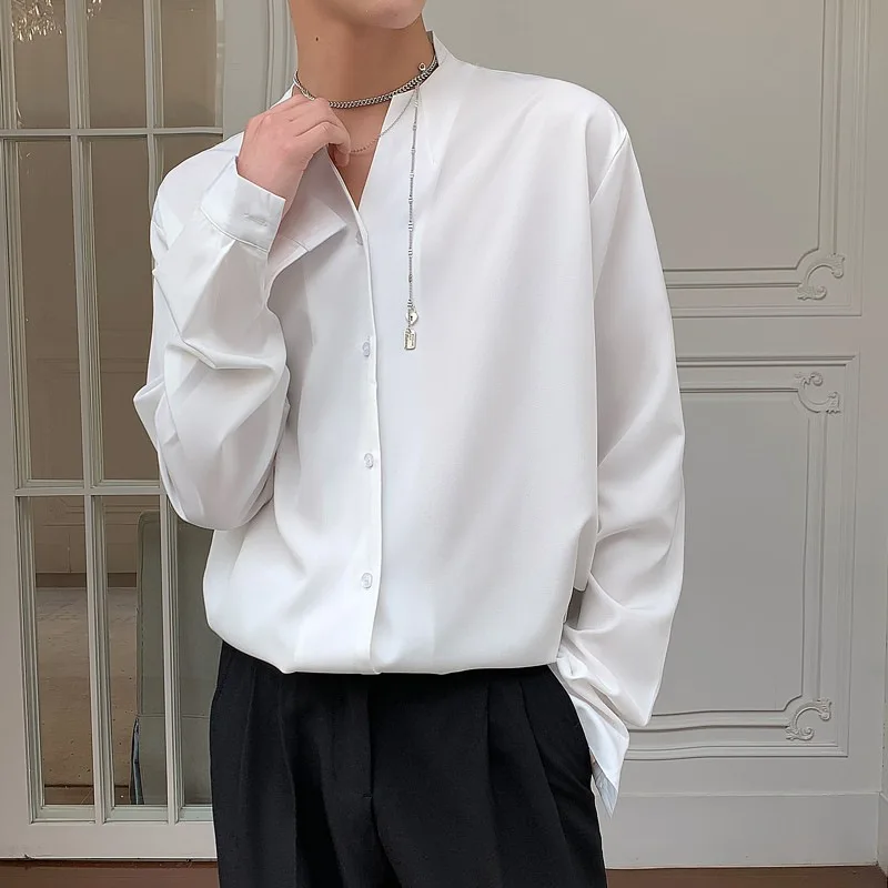 2024 Summer Korean-style Vintage Solid Color Collarless Shirt for Men Long Sleeves Hanging Lazy Ins Casual Loose Shirt