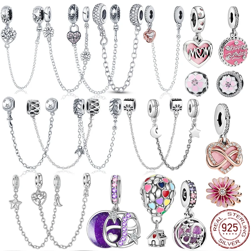 925 Sterling Silver Charm Daisy Flower Pendant 9 Models Zircon Safety Chain Charms Bead Fit Original Pandora Bracelets DangleDIY