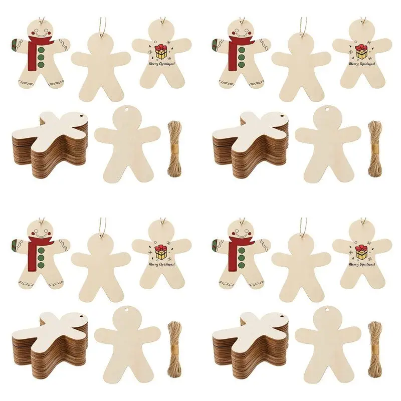 

【FLASH DEAL】200PCS Unfinished Wood Gingerbread Man Ornaments Cutouts Blank Wood Gingerbread Men Hanging Decor With Twine