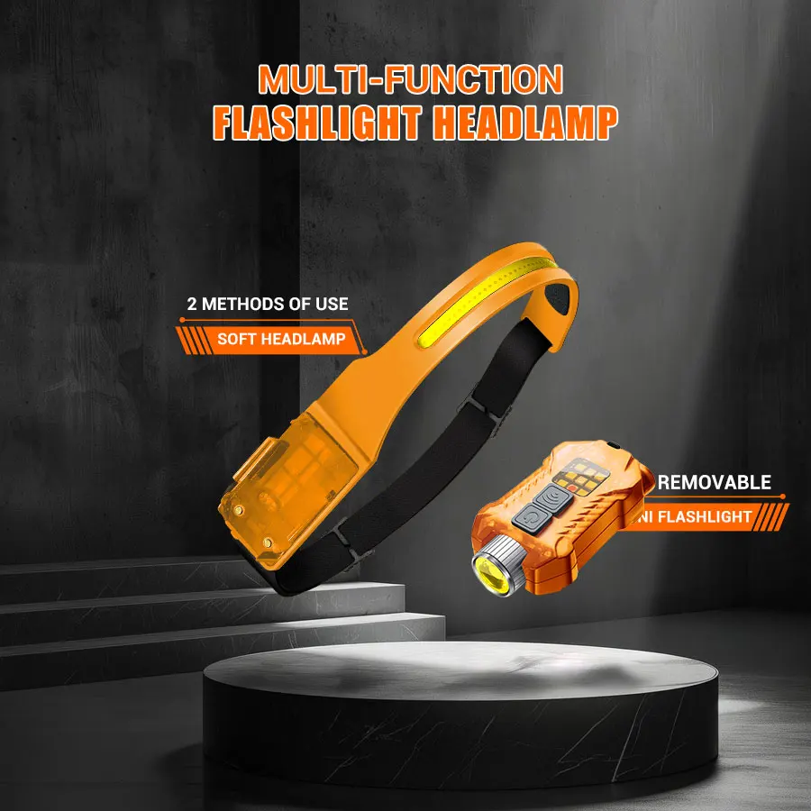 BALDR XW005 Sensor-Stirnlampe, USB wiederaufladbar, LED-Scheinwerfer, COB-Arbeitslicht, abnehmbare Taschenlampe mit Schwanzmagnet, UV-Licht (orange)